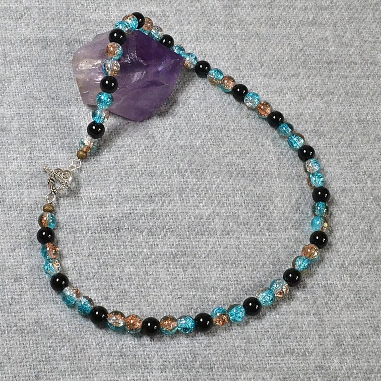 Turquoise and Copper Crackle-Glass and Black Glass Bead Necklace