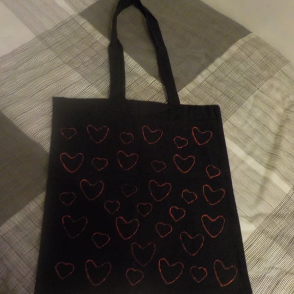 Tote Bag Handmade Hand Drawn Black Textile 