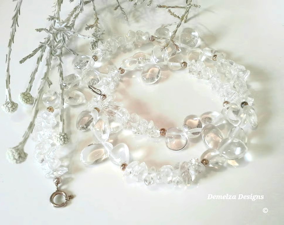 Genuine Diamond Quartz Pebble & Nugget Sterling Silver Necklace 