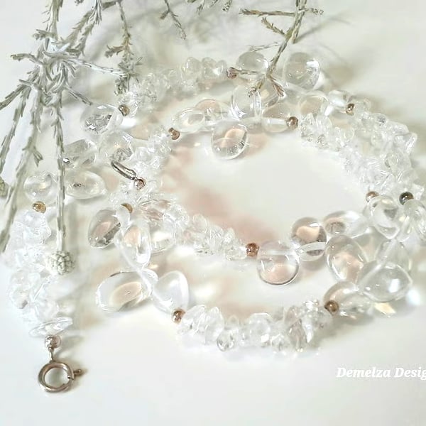 Genuine Diamond Quartz Pebble & Nugget Sterling Silver Necklace 