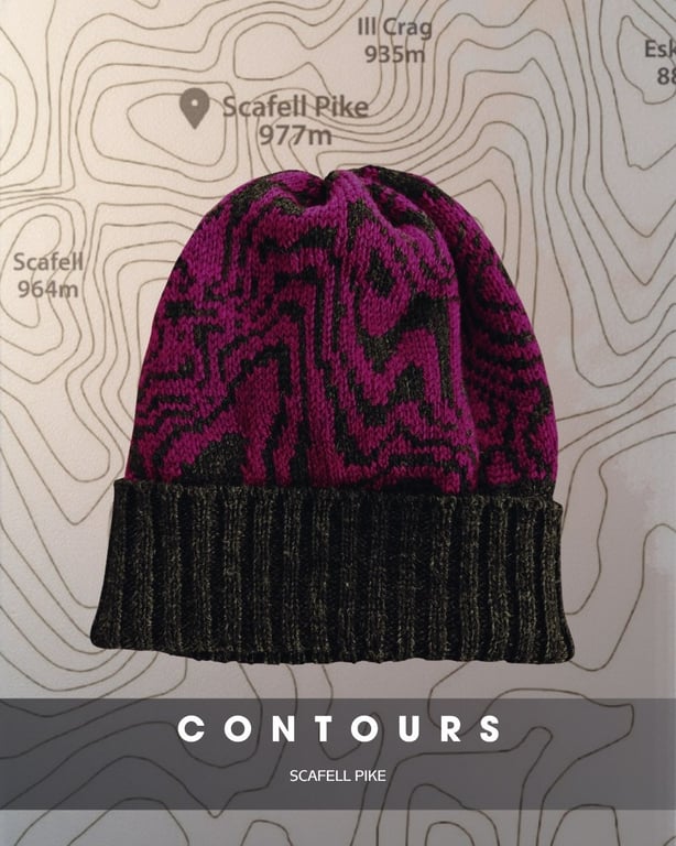 Pink Grey Contour Map Beanie, Scafell Pike Merino Wool Hat, Unisex Knitted Hat