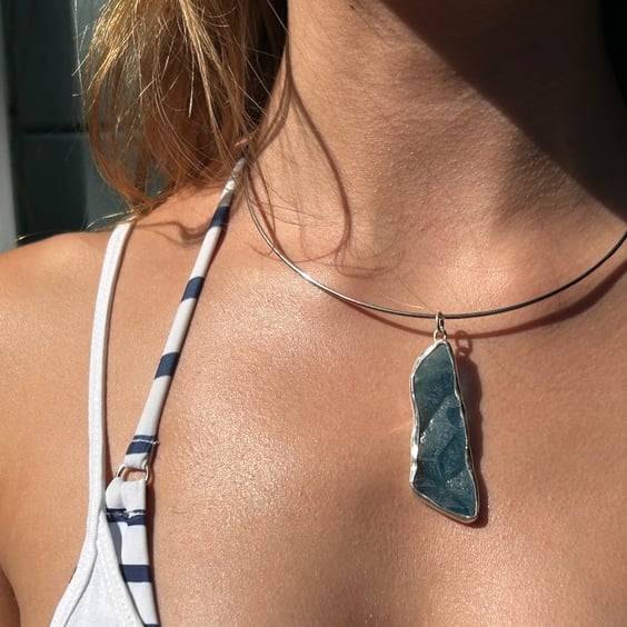Blue necklace seaglass and silver 925 eco silver statement piece something blue