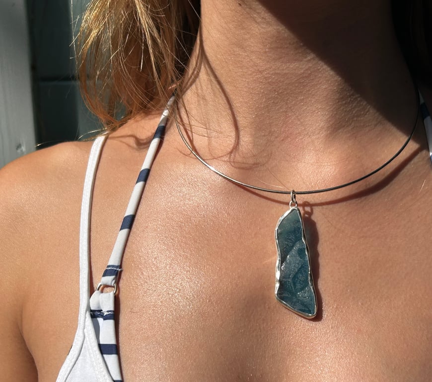Blue necklace seaglass and silver 925 eco silver statement piece something blue