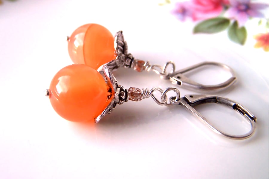 Carnelian Earrings, Orange Gemstones, Dangle, Christmas Present