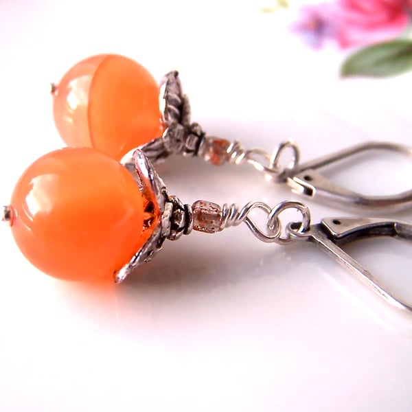 Carnelian Earrings, Orange Gemstones, Dangle, Christmas Present