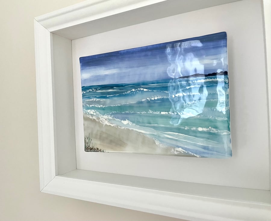 Beautiful hand painted enamel fused glass seascape