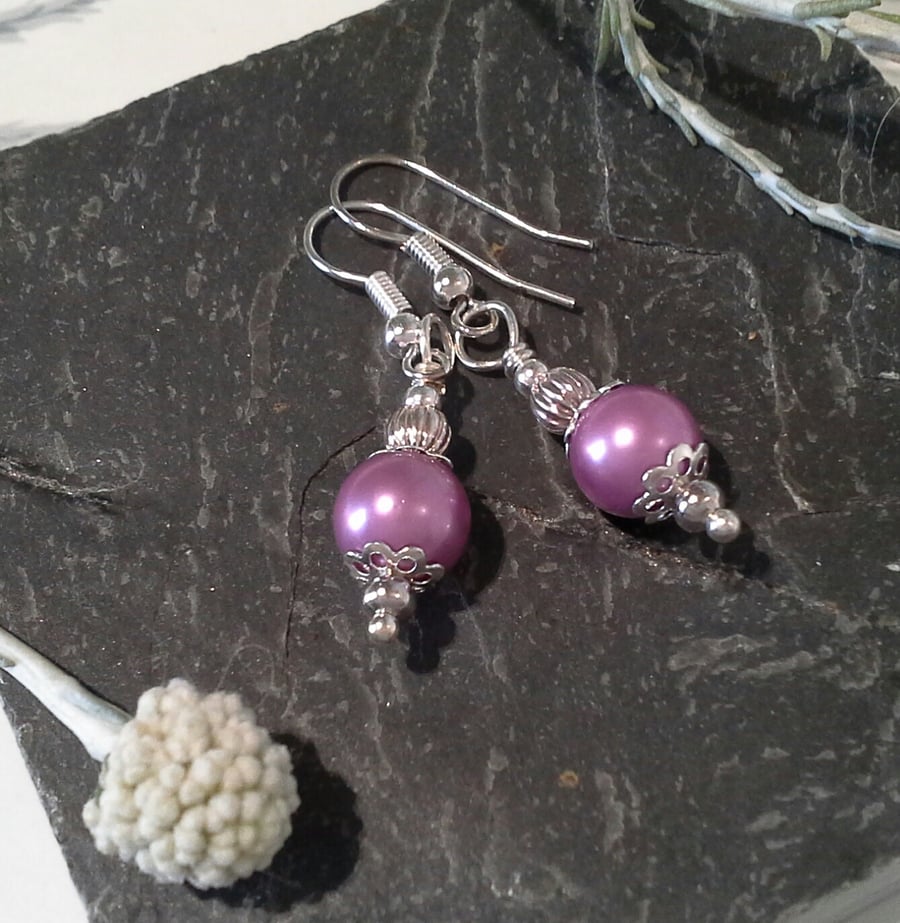 Pretty Pink Shell Pearl Silver Plate Earrings