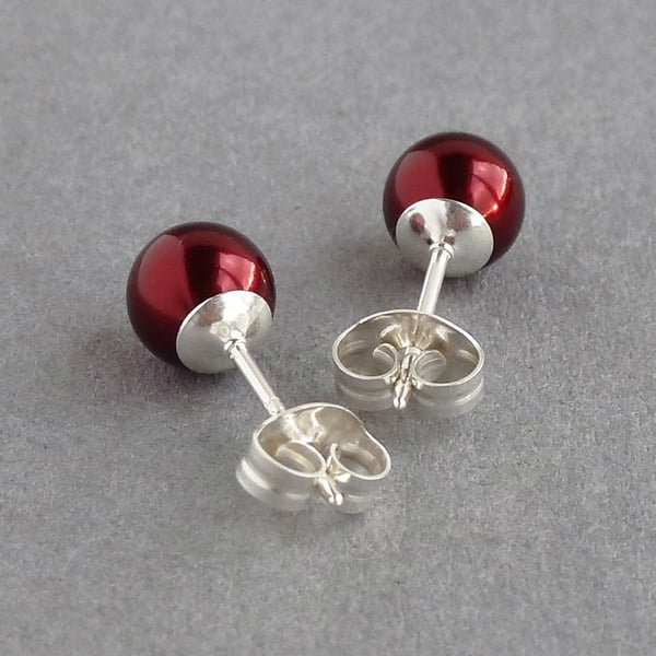 6mm Small Burgundy Pearl Stud Earrings - Everyday, Round, Dark Red Studs - Gifts