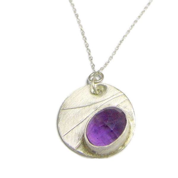 Handmade textured Sterling Silver Disc Pendant  Set with rose cut  Amethyst
