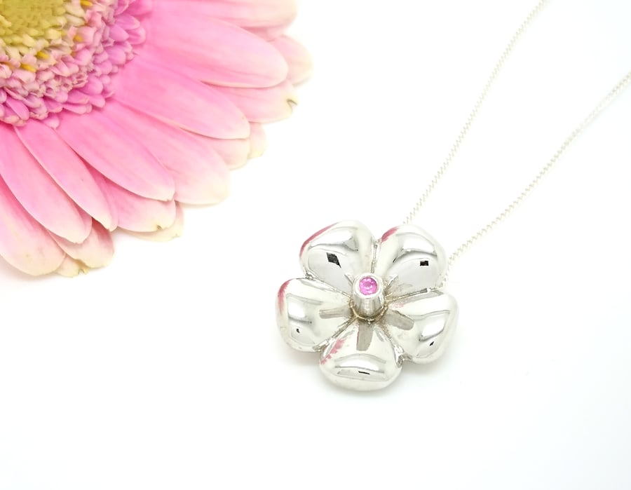 Large Sterling Silver Flower Pendant with Pink Sapphire