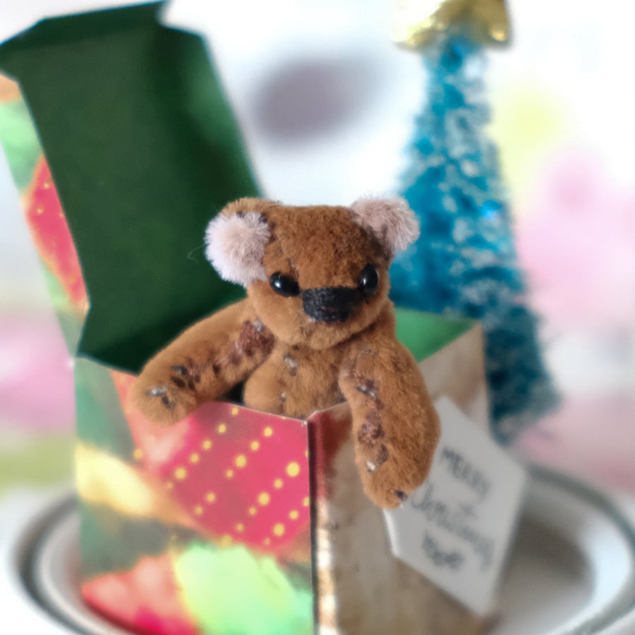 Bernard, miniature Christmas bear, hand sewn collectible bear in hanging dome