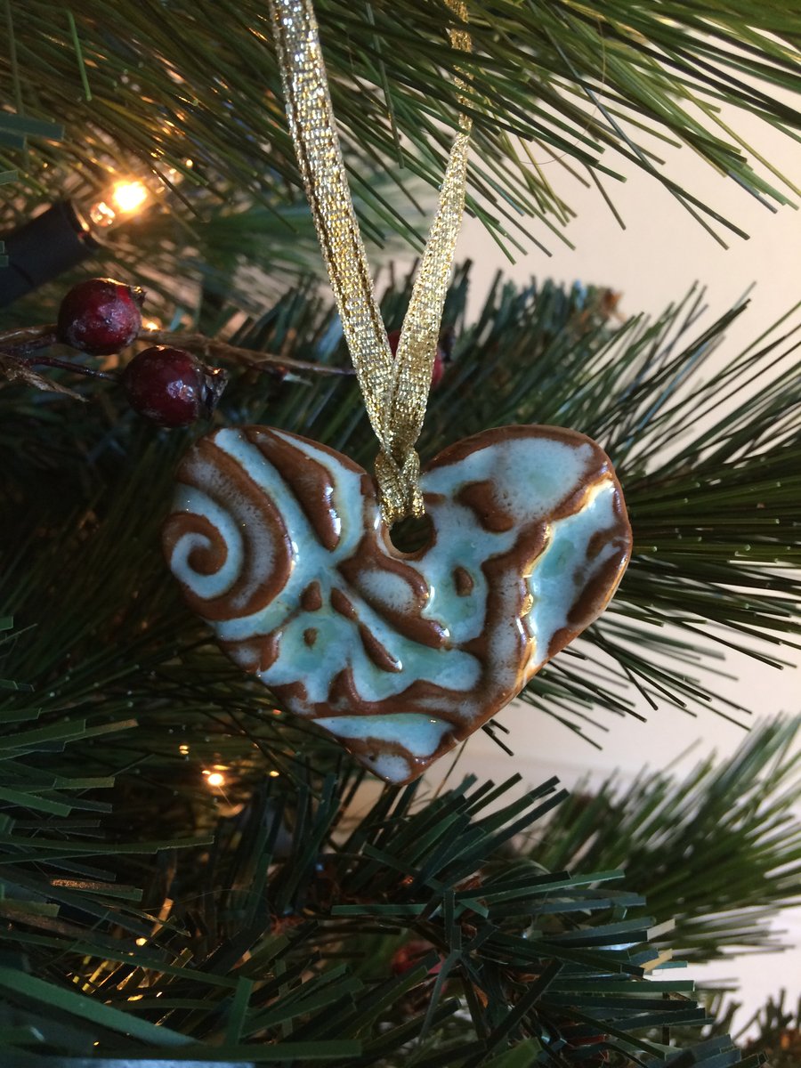 Ceramic heart Christmas tree decoration duck egg blue and brown