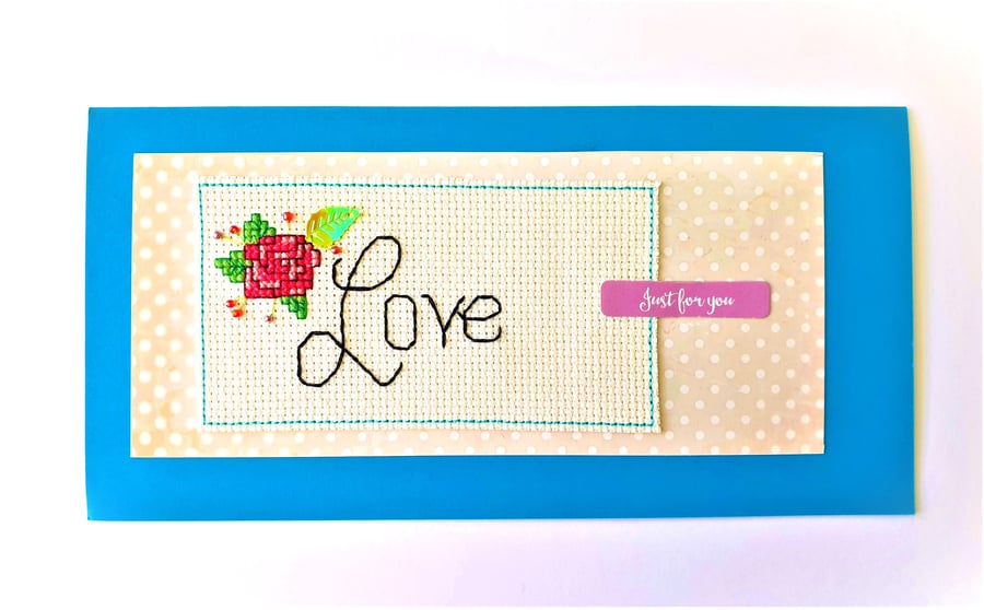 Rose and bead handmade cross stitch 'love' Card with 'Just for you' wording