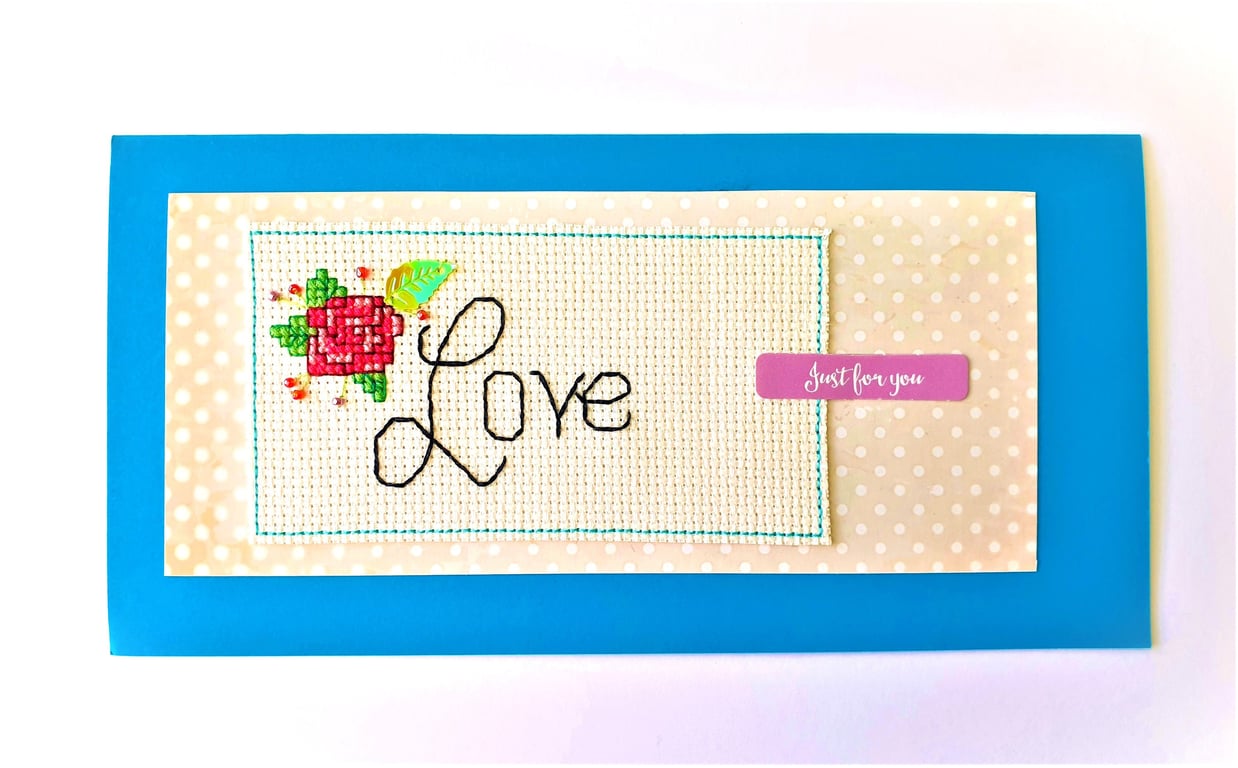 Rose and bead handmade cross stitch 'love' Card with 'Just for you' wording