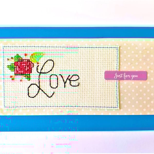 Rose and bead handmade cross stitch 'love' Card with 'Just for you' wording