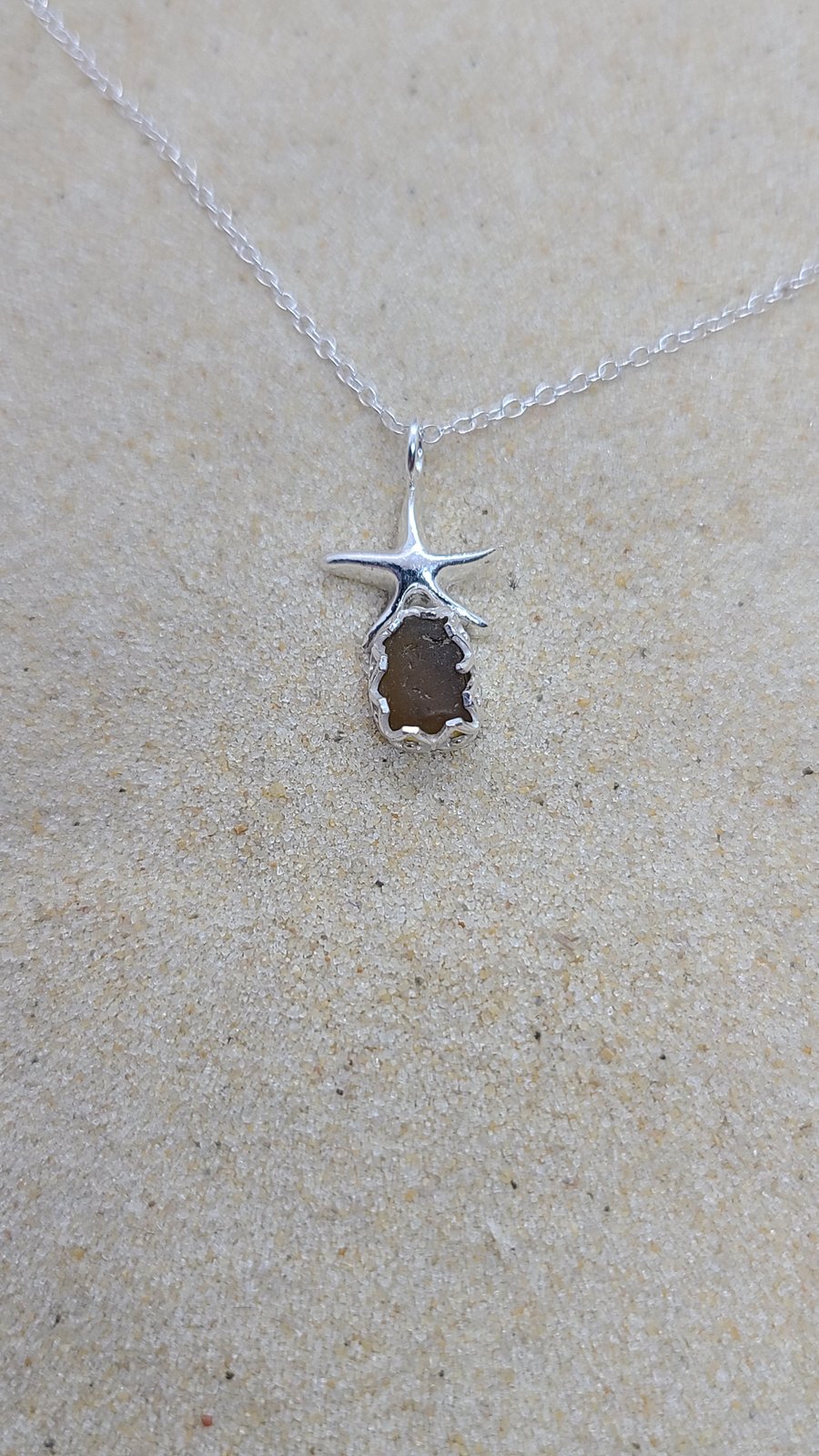 Amber sea glass - silver starfish - pendant - necklace