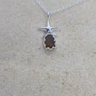 Amber sea glass - silver starfish - pendant - necklace
