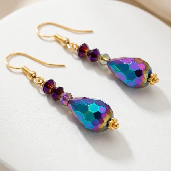   Upcycled 1960s Vintage Iridescent Teardrop Earrings with Gold Plated Hooks