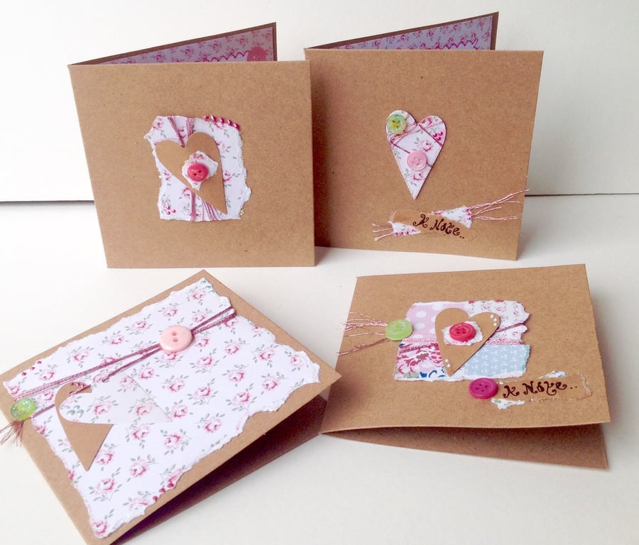 Notecards,Set of Four,Vintage Rose Collage Hearts,Handmade