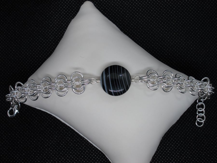 SALE - Black and white agate coin chainmaille bracelet
