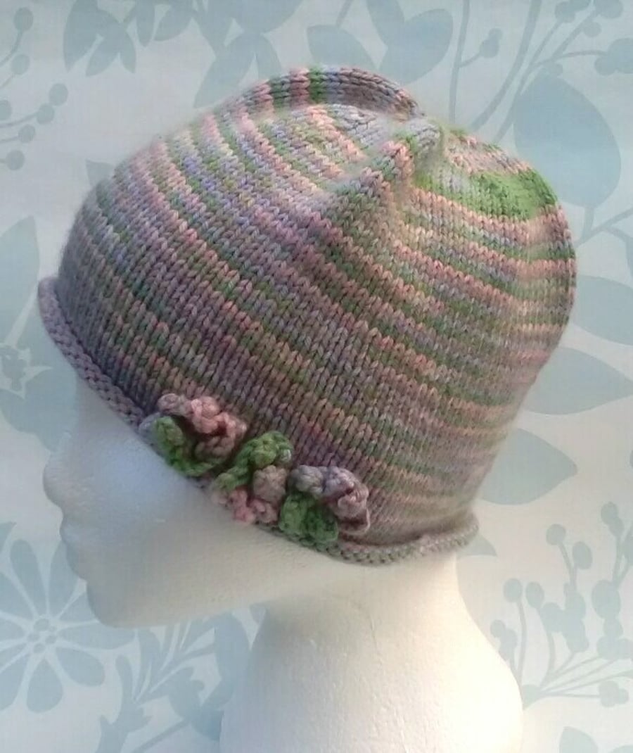 Handknit hand dyed Merino 3 flowered beanie hat pastels SMALL