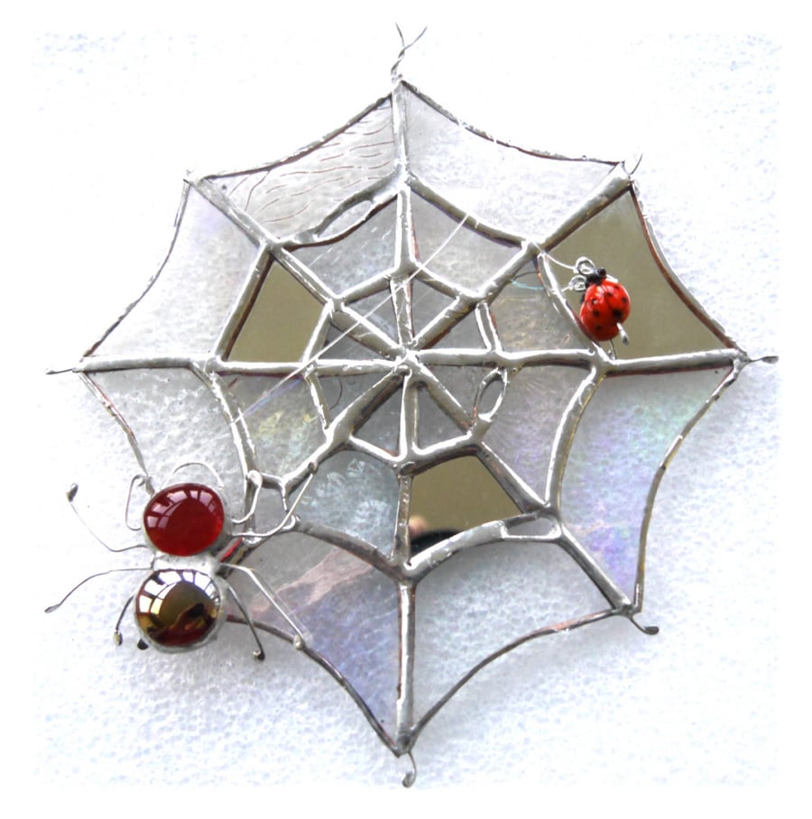 Spider's Web Suncatcher Stained Glass with Red Spider and Ladybird 043