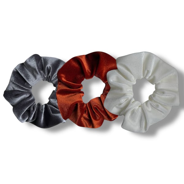 Set of 3 - Grey, Burnt Orange & Ivory Velvet Scrunchies - Large