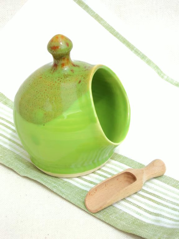 Small Salt Pig, handthrown pottery in vibrant Green glaze with a wooden scoop.
