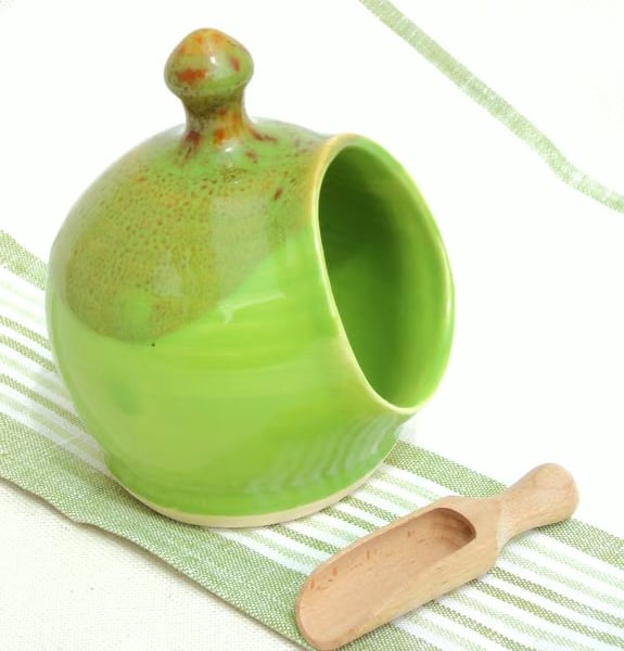 Small Salt Pig, handthrown pottery in vibrant Green glaze with a wooden scoop.