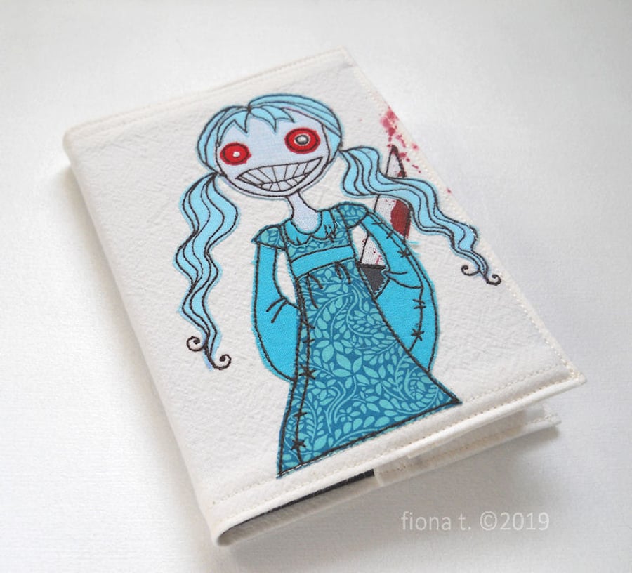 A6 freehand embroidered zombie lady fabric notebook - teal