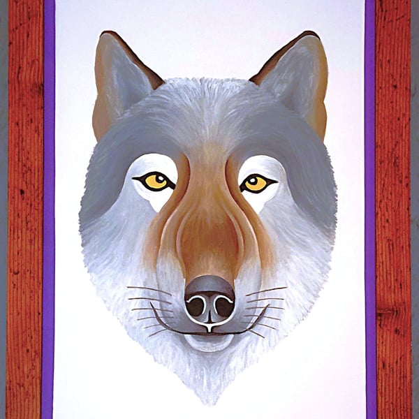 Handmade Unique Framed A3 Print Wolf Portrait Purple Border Wallart Gift