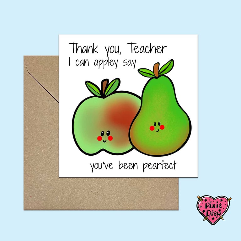 Funny Teacher Thank You Card, Cute Apple & Pear Pun Card, End of Term Teacher 