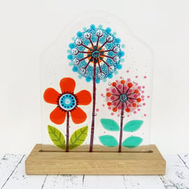 Fused Glass Botanicals on Oak 2 - Handmade Fused Glass Sculpture