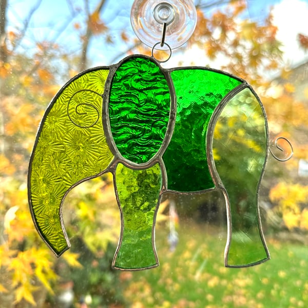 Stained Glass Large Elephant Suncatchers - Handmade Hanging Decoration - Green