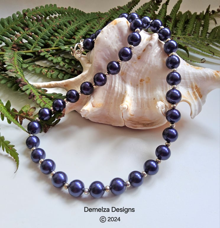 Deep Sapphire Blue  Shell Pearl Necklace Silver Plated