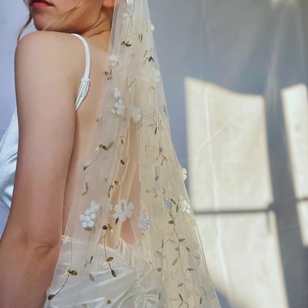 Blossom Wedding Veil, Floral Embroidered Bridal Veil With 3D Flowers