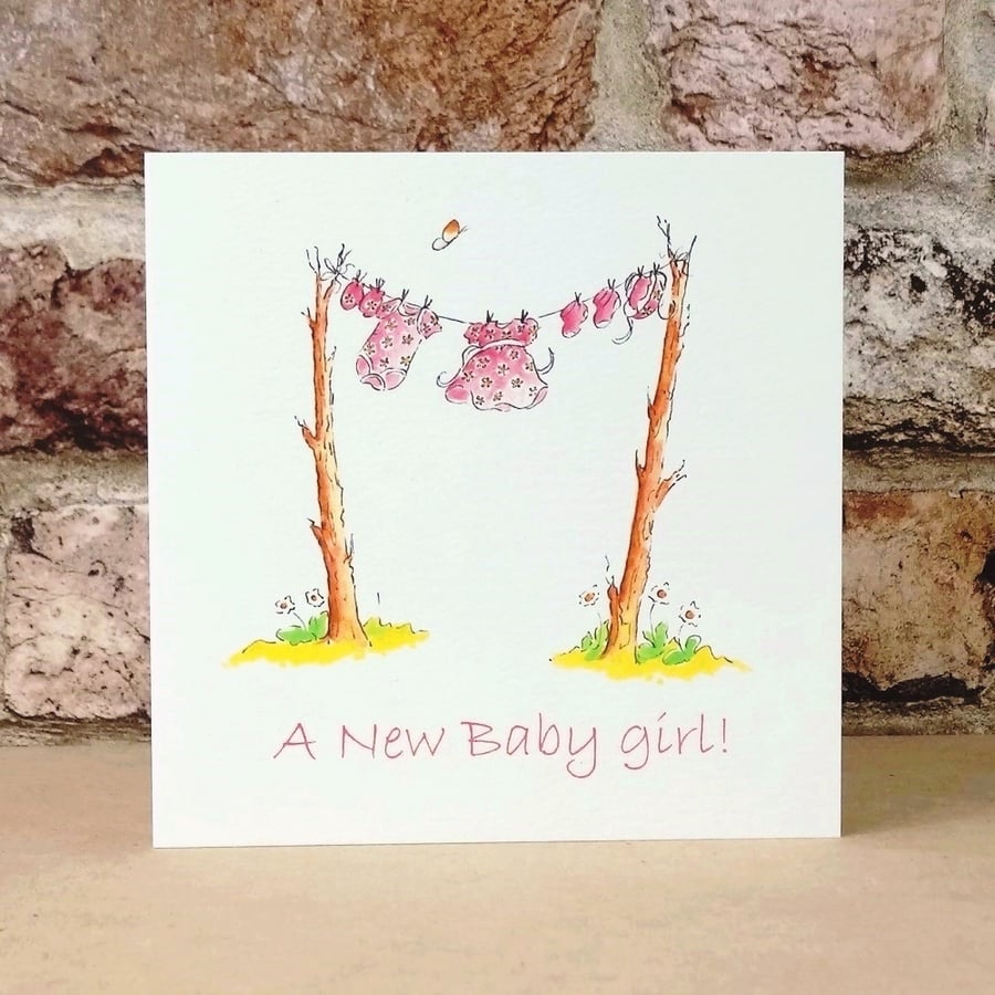 New Baby Card New Baby Girl Card Clothes Line  Ecofriendly