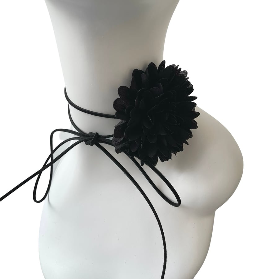 Black flower corsage choker suede cord necklace Boho floral choker adjustable f