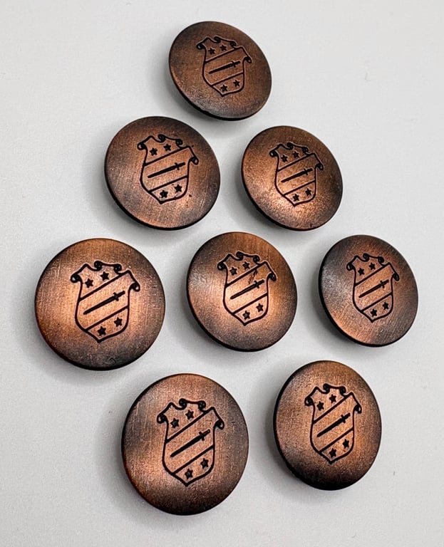 8 Metal Buttons, Engraved Crest on Distressed Copper, 18mm Wide, LARP