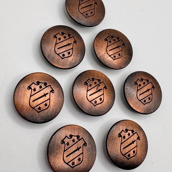 8 Metal Buttons, Engraved Crest on Distressed Copper, 18mm Wide, LARP