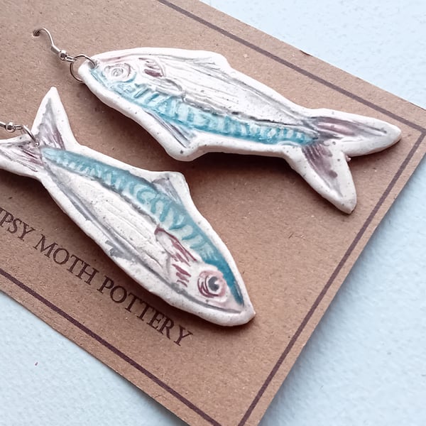 Quirky mackerel earrings handmade porcelain clay surgical steel 