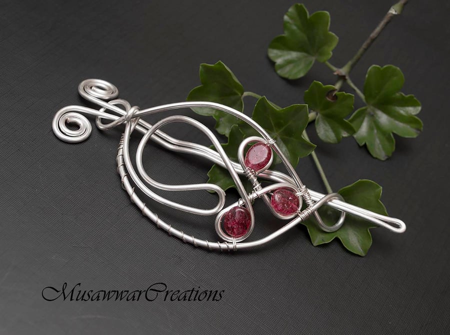 Silver wire wrapped red crackled Hair slide,hair bun holder ,Hair brooch,silver 