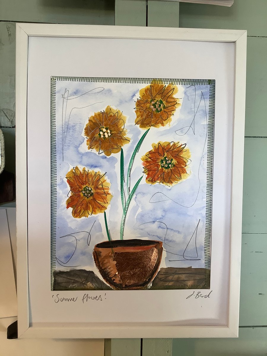 Summer flowers watercolour painting. Spring art. Happy. Sunflowers. OriginaL. 