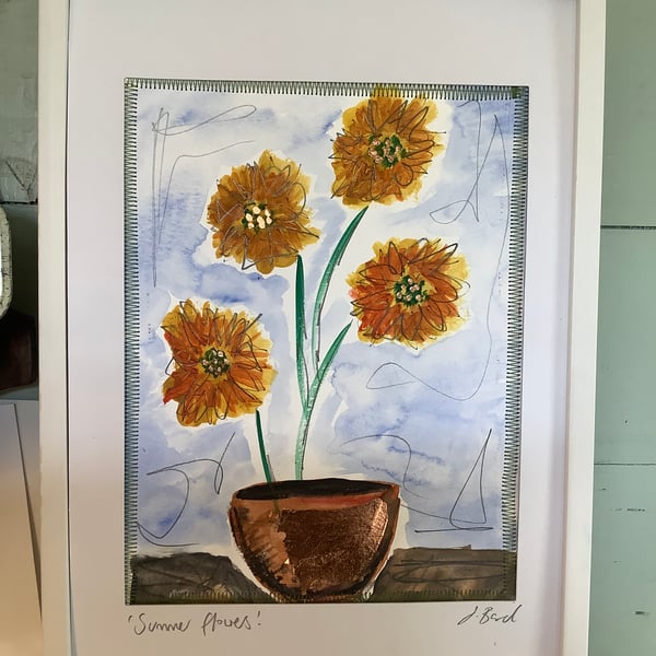 Summer flowers watercolour painting. Spring art. Happy. Sunflowers. OriginaL. 