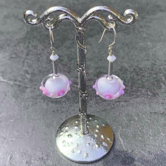 Contemporay sterling silver spotty bumpy lampwork glass earrings - FREE UK P&P