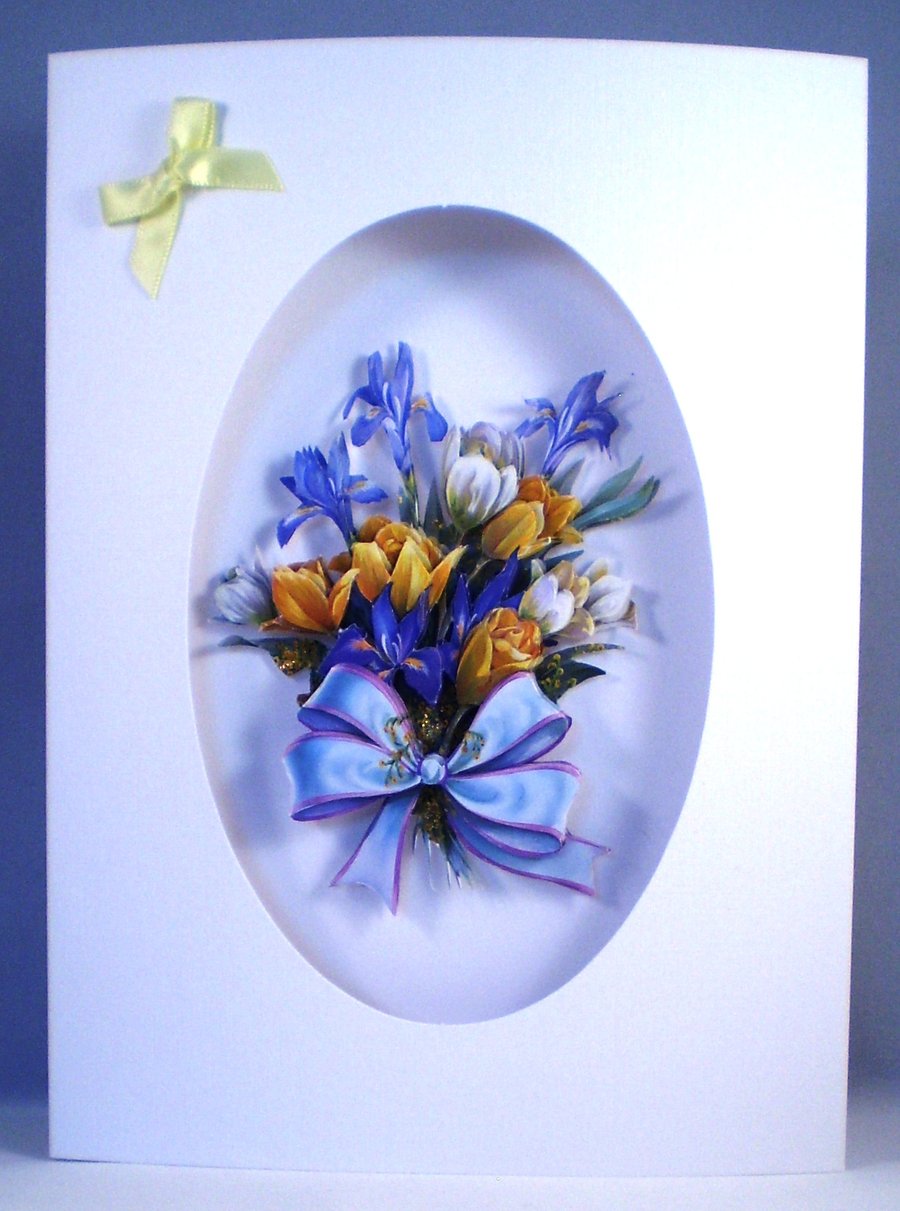Handmade Decoupage, 3D Flowers Blank Greeting Card, Personalise