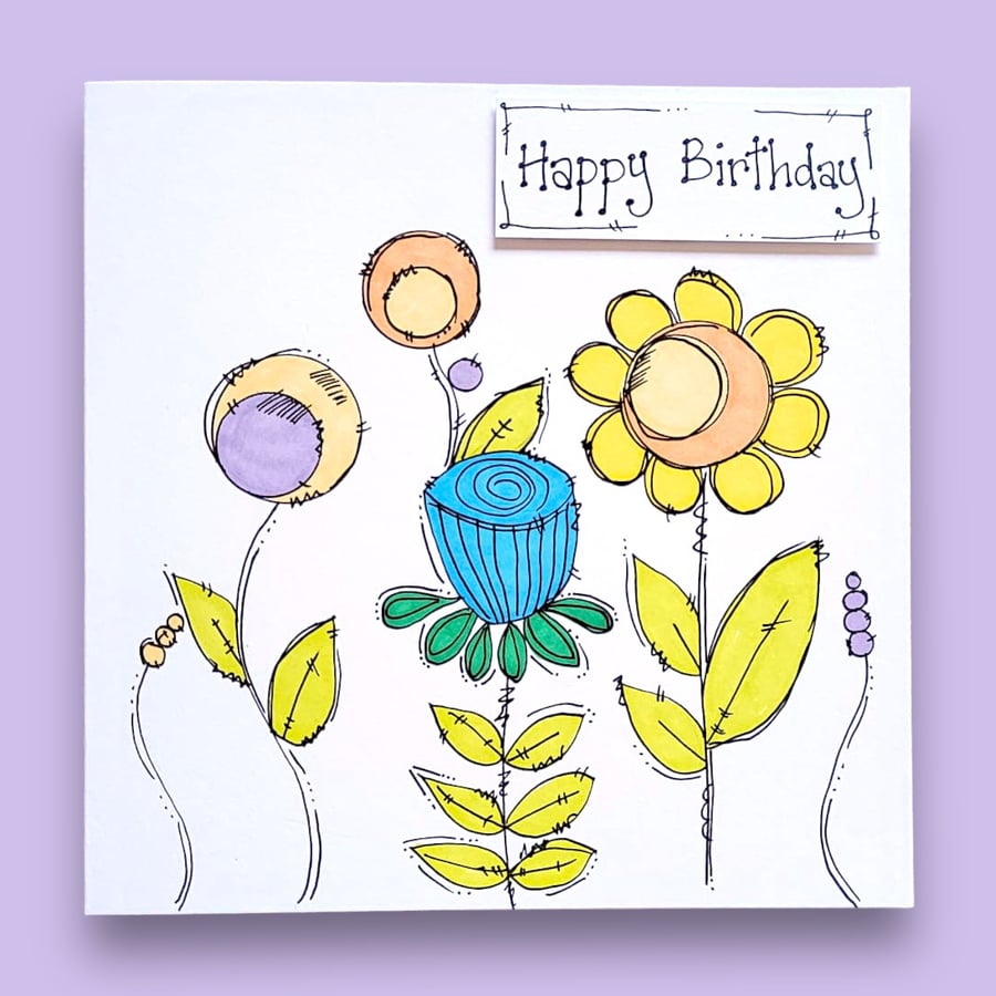 Whimsical flowers Happy birthday card