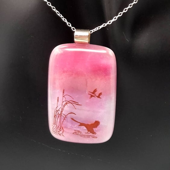 Landing on Pink Water, Fused Glass Pendant with Sterling Silver Findings
