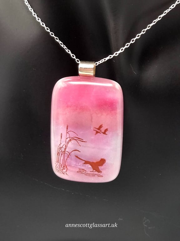 Landing on Pink Water, Fused Glass Pendant with Sterling Silver Findings