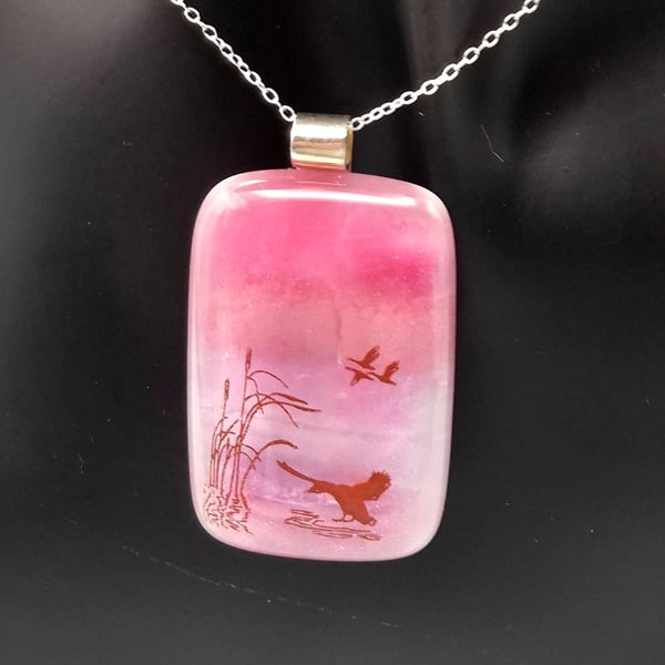 Landing on Pink Water, Fused Glass Pendant with Sterling Silver Findings